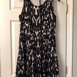Calvin Klein Black/Tan Print Fit-And-Flare Midi Dress, Lined, Silk-like,…